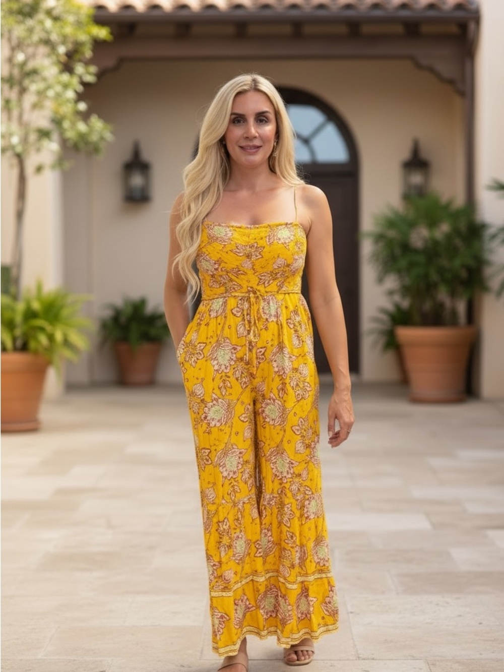 Free People Women's Yellow, Red, Green, White Floral Wide-Leg Jumpsuit XS